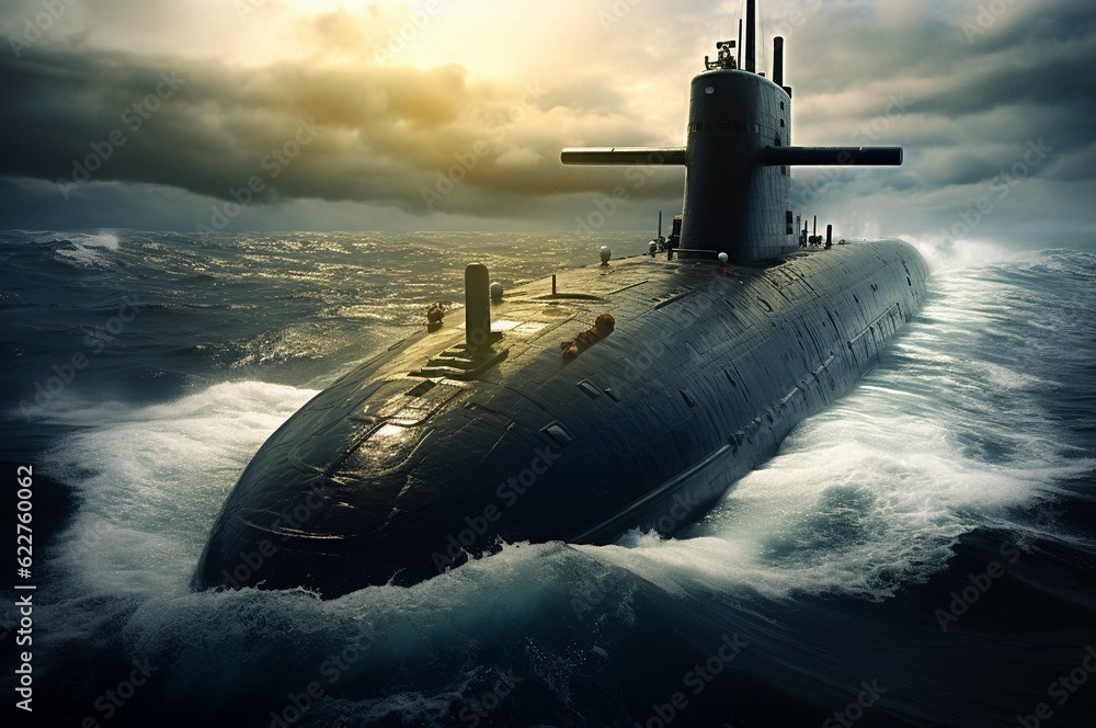 Submarino nuclear en alta mar al amanecer - obrazy, fototapety, plakaty 