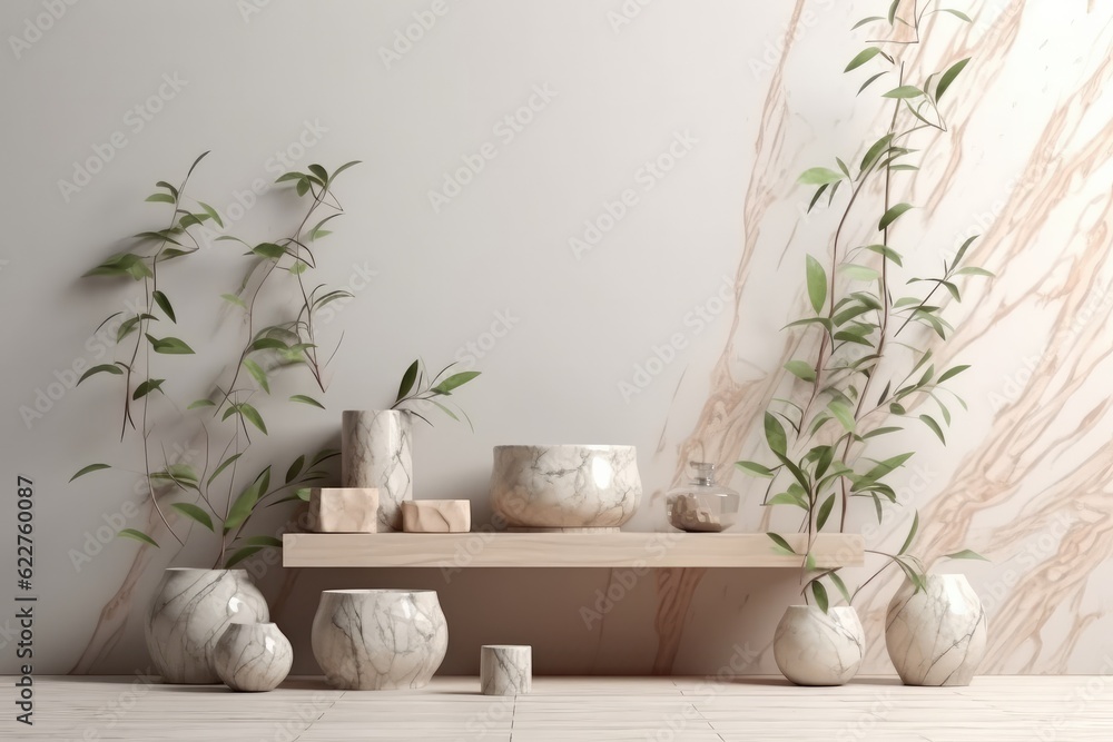 Fototapeta premium Template for spa product presentation. Pedestal of marble slabs and branches with green leaves against background of wall in bathroom with masonry in light beige colors. Ai generative.