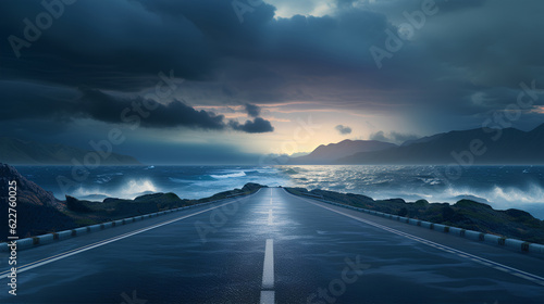 Realistic road go straight ahead to the sea with dark cloud generative AI