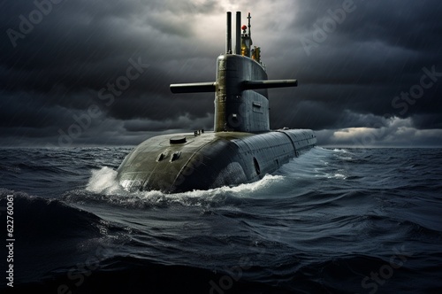 Submarino nuclear en alta mar bajo la lluvia photo