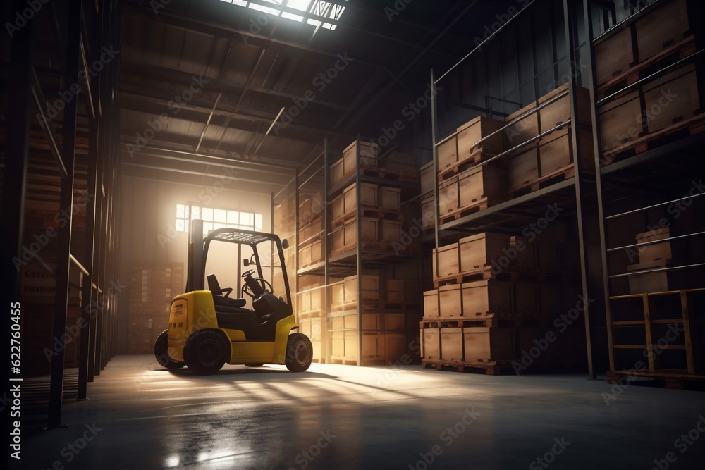 forklift box warehouse storage delivery logistic distribution sun cargo transportation. Generative AI.