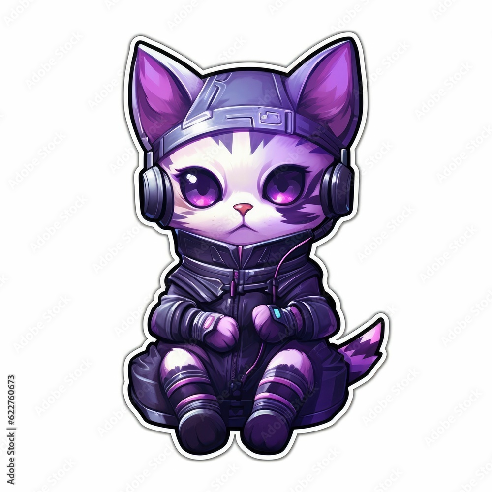 Cartoon purple cat with headphones isolated on a white background. AI-generated. Cartoon purple cat with headphones isolated on a white background. AI-generated.