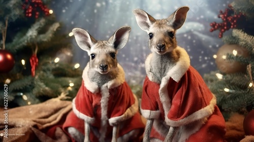 AI generated illustration of adorable kangaroos in Santa clothes against Christmas trees © Jeffreydesign/Wirestock Creators