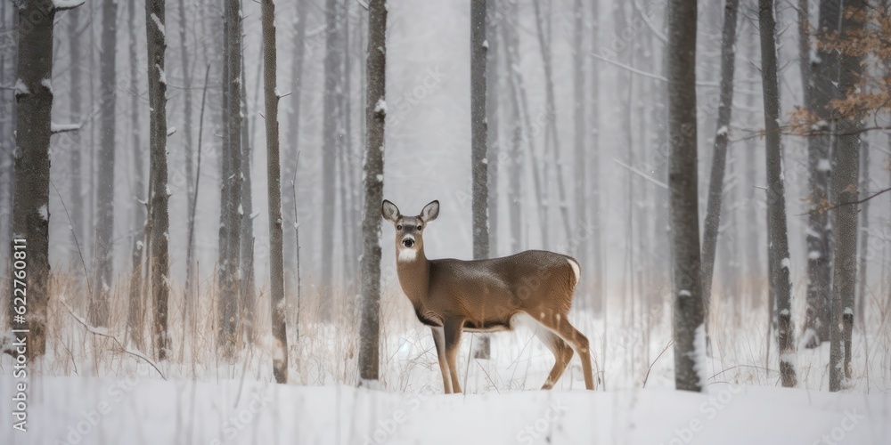 AI generated illustration of a majestic white-tailed deer in a picturesque winter forest AI generated illustration of a majestic white-tailed deer in a picturesque winter forest