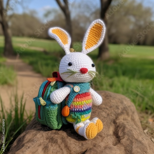 AI generated illustration of a white knitted crocheted bunny toy with a backpack in the forest