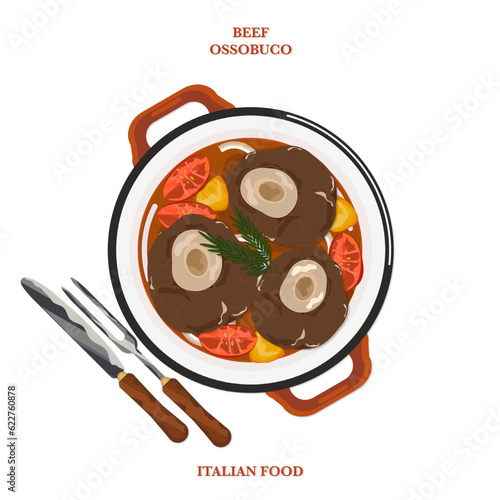 Italian beef ossobuco on white background, vector element top view on white background.