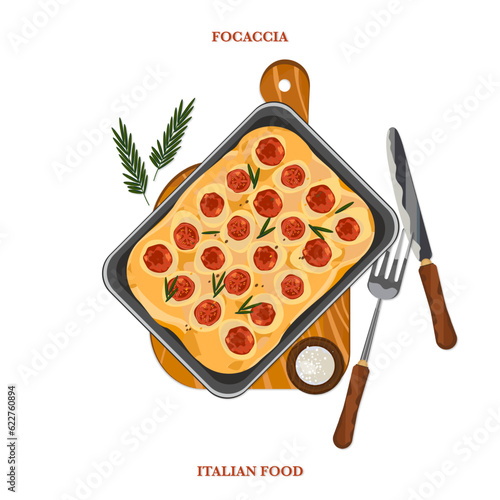 Italian focaccia vector illustration. Top view of focaccia, food composition, white background.