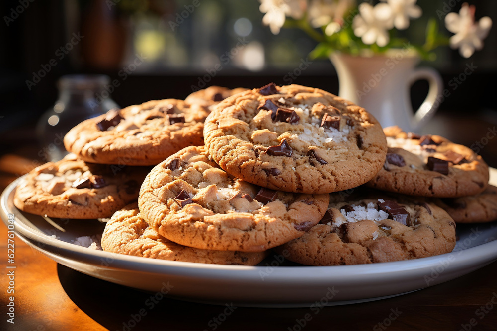A plate of homemade cookies is on the table. Illumination by the rays of the sun. AI A plate of homemade cookies is on the table. Illumination by the rays of the sun. AI