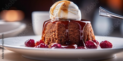 Ai generated illustration of a delicious cake with a generous scoop of white ice cream