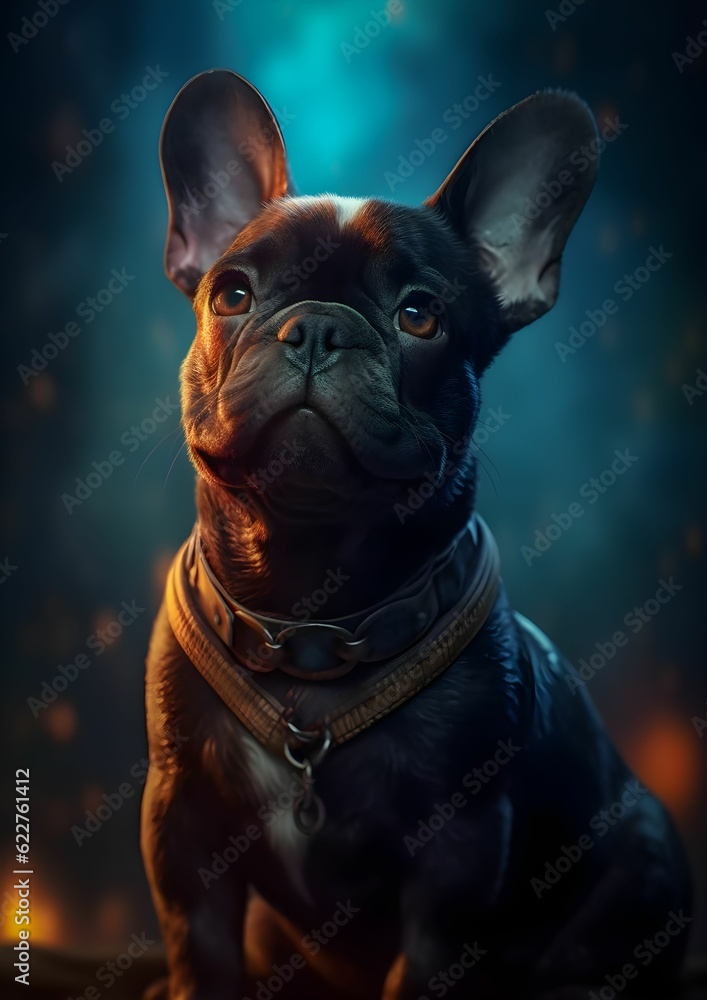 AI generated illustration of a bulldog portrait on a dark background