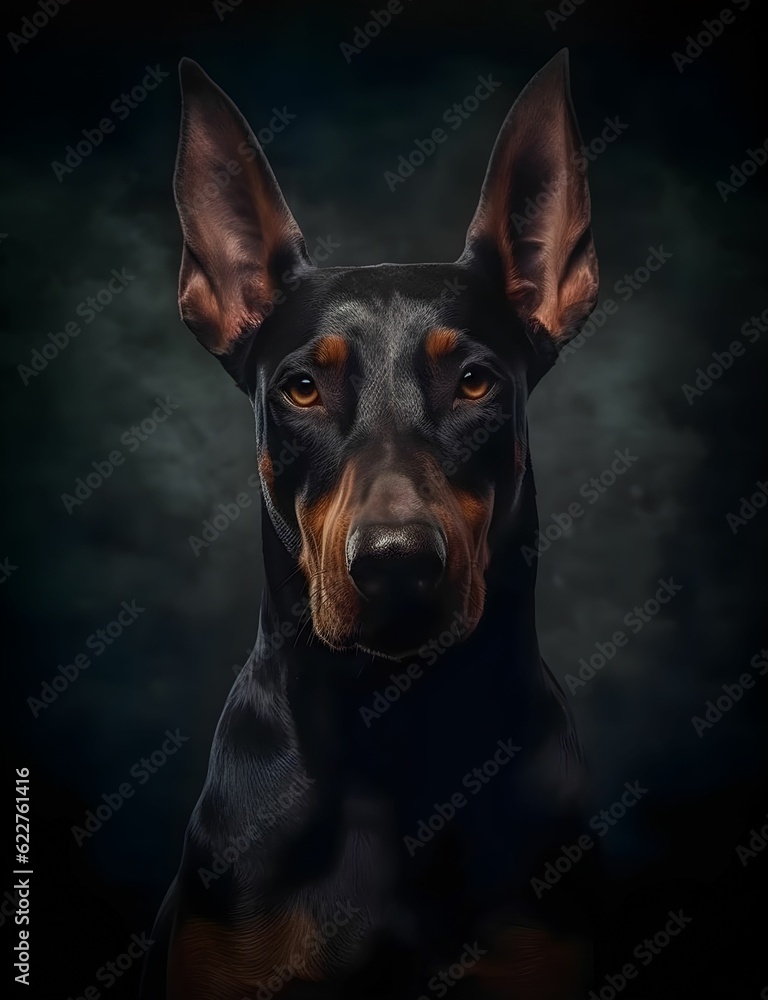 Obraz premium AI generated illustration of a Doberman portrait on a dark background