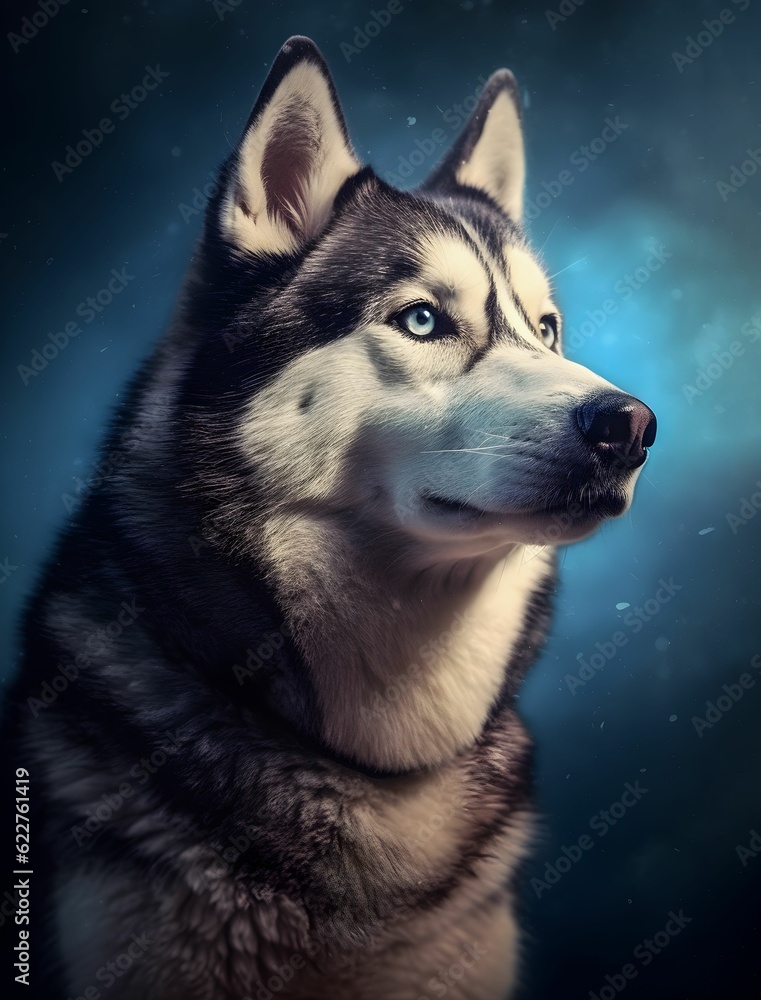 AI generated illustration of a Siberian husky portrait on a dark background