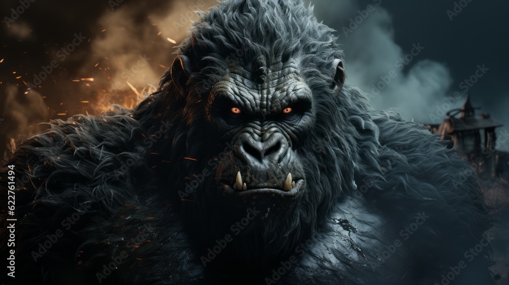 The image shows a fierce-looking gorilla in front of an intense background of flames. Image conveys a sense of danger and ferocity. Generative AI