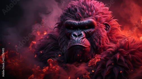 Red background with a dominant gorilla in the foreground. The gorilla has red eyes and a striking facial expression. Generative AI