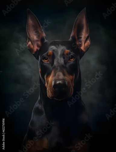 AI generated illustration of a Doberman portrait on a dark background
