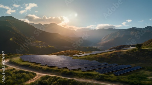 AI generated illustration of a picturesque scene of a vast open field with solar panels
