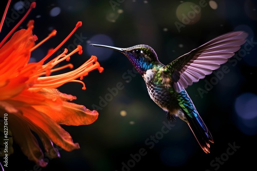 AI generated illustration of a vibrant hummingbird in flight feeding from a flower