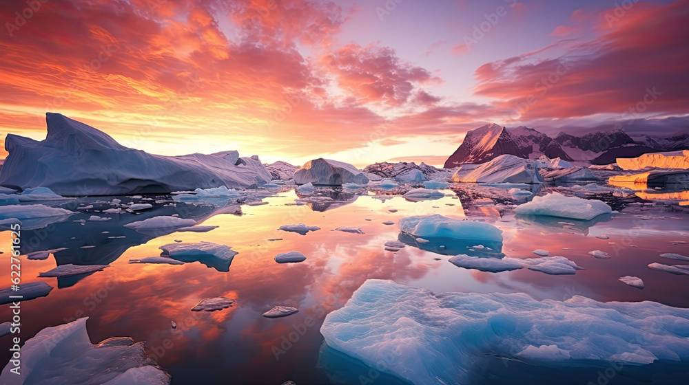 Antarctic nature landscape with icebergs in Greenland ice-fjord during midnight sun. 