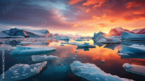 Fotografia Antarctic nature landscape with icebergs in Greenland icefjord during midnight sun