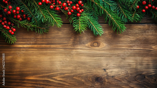 Christmas Holiday Evergreen Pine Branches and Red Berries Over Wood Background