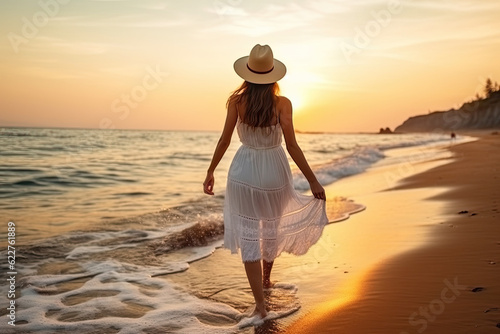 Close-up photo of young woman in white dress and with hat walking alone on sandy beach at summer sunset, back view