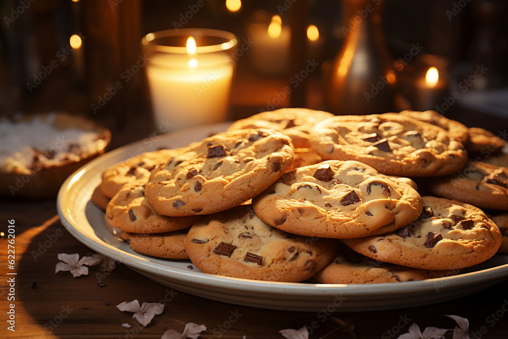 A plate of homemade cookies is on the table. Candle lighting, cozy home light. AI A plate of homemade cookies is on the table. Candle lighting, cozy home light. AI