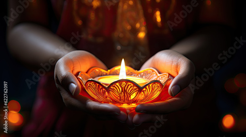 Girl  holding diya during Diwali