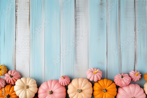 Leinwand Poster Pumpkins on the wood background, trendy pastel colours