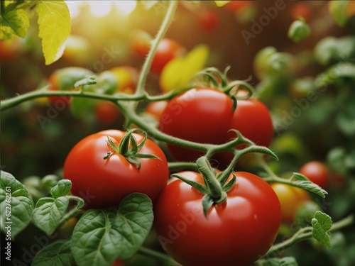 Ripe tomatoes on green branch. Home grown tomato vegetables growing on vine in greenhouse. Autumn vegetable harvest on organic farm.