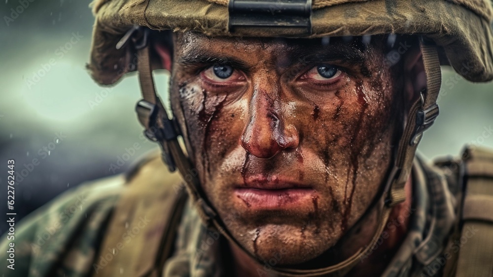 AI generated illustration of a portrait of a soldier in camouflage clothing AI generated illustration of a portrait of a soldier in camouflage clothing