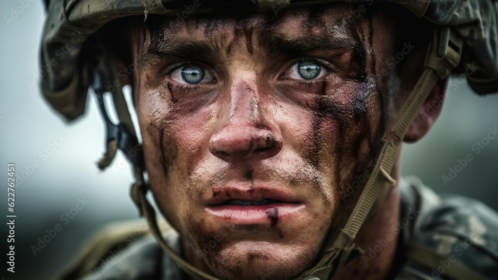 AI generated illustration of a portrait of a soldier in camouflage clothing AI generated illustration of a portrait of a soldier in camouflage clothing