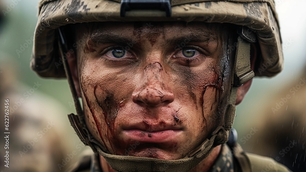 AI generated illustration of a portrait of a soldier in camouflage clothing AI generated illustration of a portrait of a soldier in camouflage clothing
