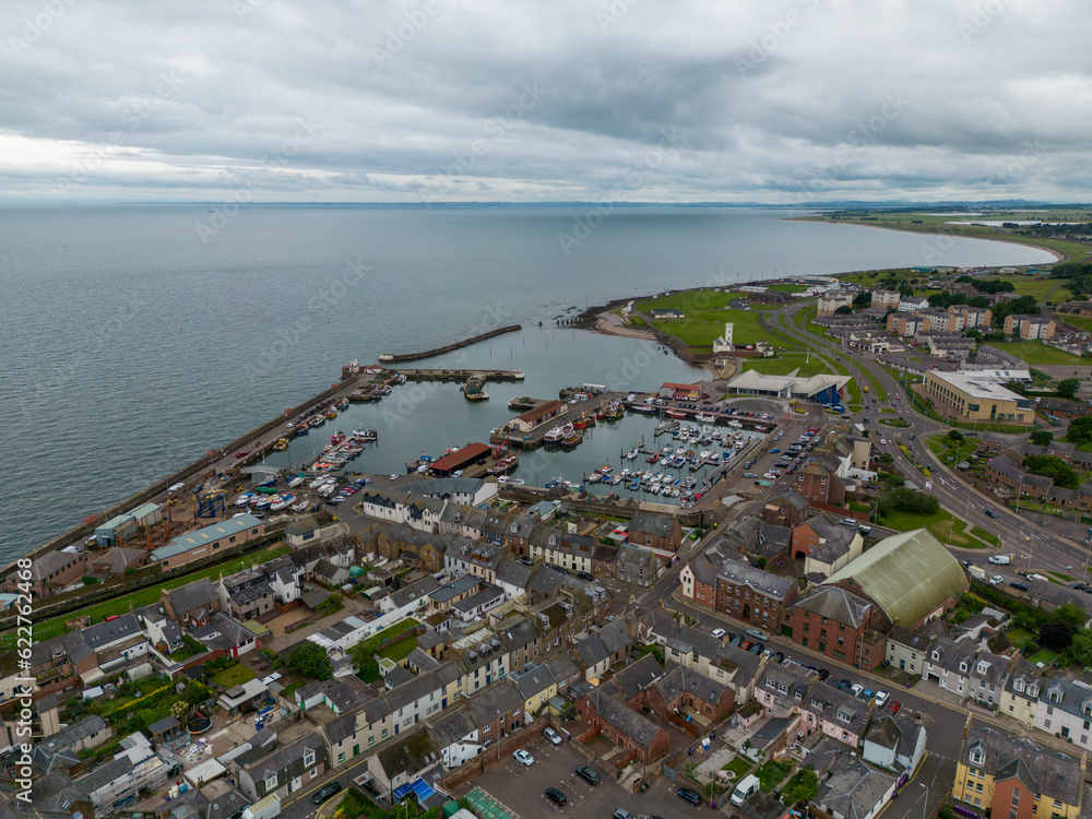 Aerial drone photo of the harbour and town of Arbroath in Scotland