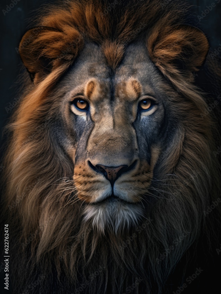 AI generated illustration of a magnificent African lion, eyes focused intently into the distance