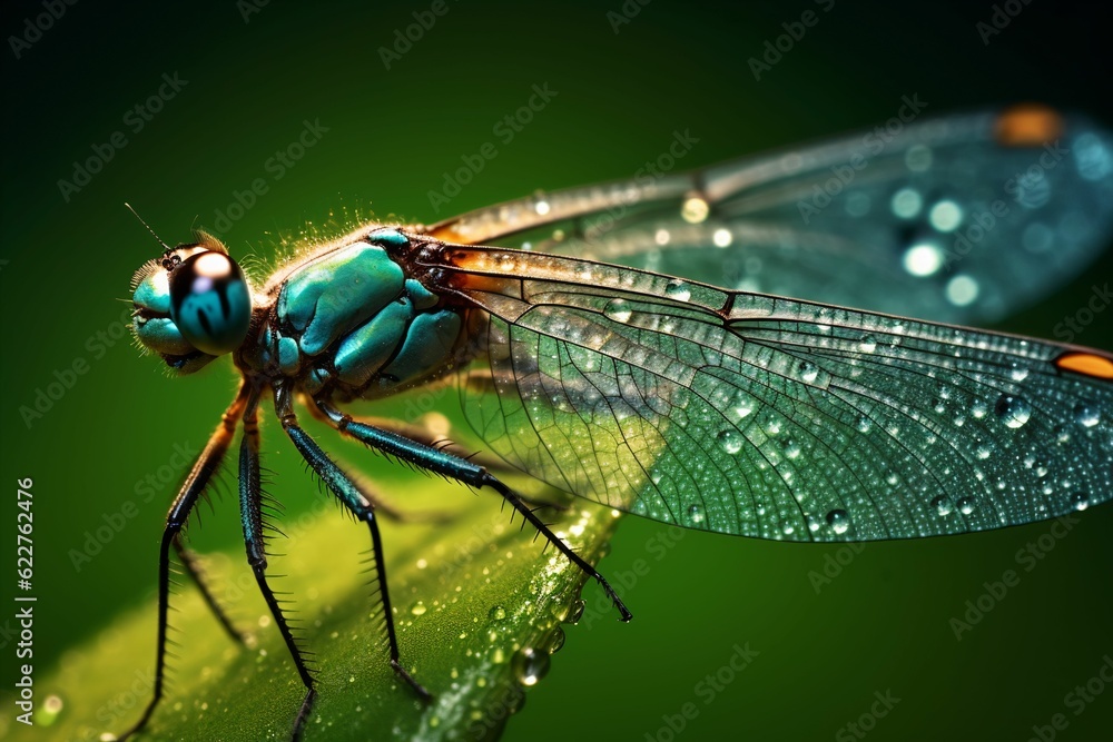 AI generated illustration of a macro of a dragonfly perched on a green leaf AI generated illustration of a macro of a dragonfly perched on a green leaf
