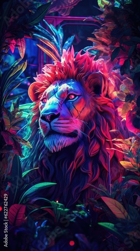 AI generated illustration of a vibrant image of a lion in a lush jungle environment