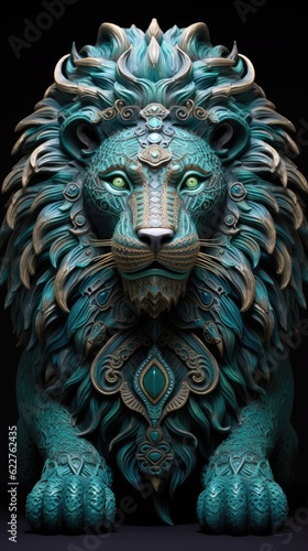 AI generated illustration of a majestic  turquoise lion statue