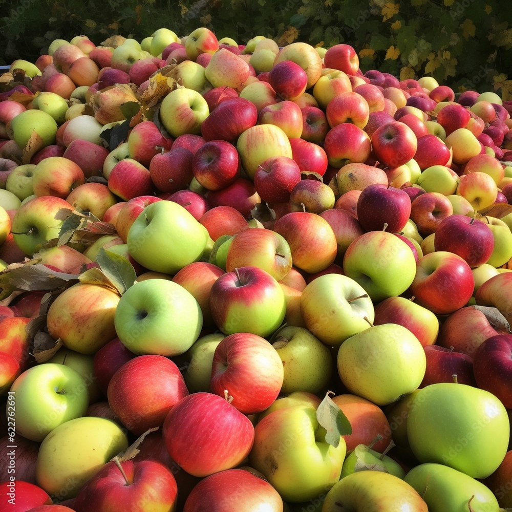 Abundant collection of fresh apples lying on the ground in the warm sunlight, ai-generated