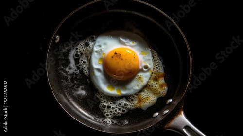 Overhead of a pan with a fried egg on a stovetop, ai-generated