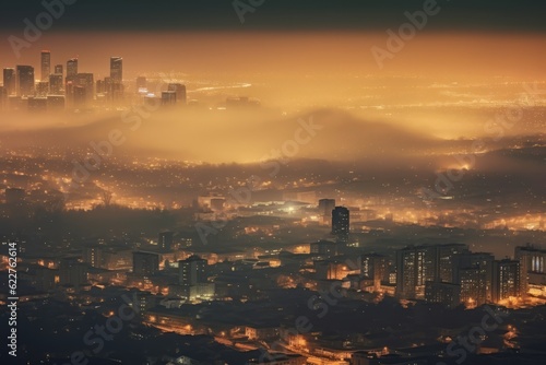 A striking aerial view of a polluted city skyline, with thick smog enveloping the buildings, highlighting the urgent need for clean air initiatives. Generative AI