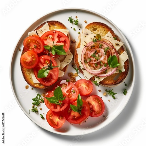 Three freshly prepared toasted slices of bread with juicy red tomatoes and onions, AI generated