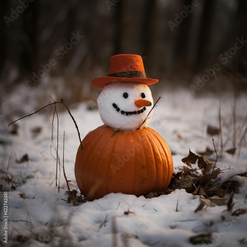 Joyful snowman made of snow and a pumpkin in a picturesque winter forest scenery, ai-gerenated
