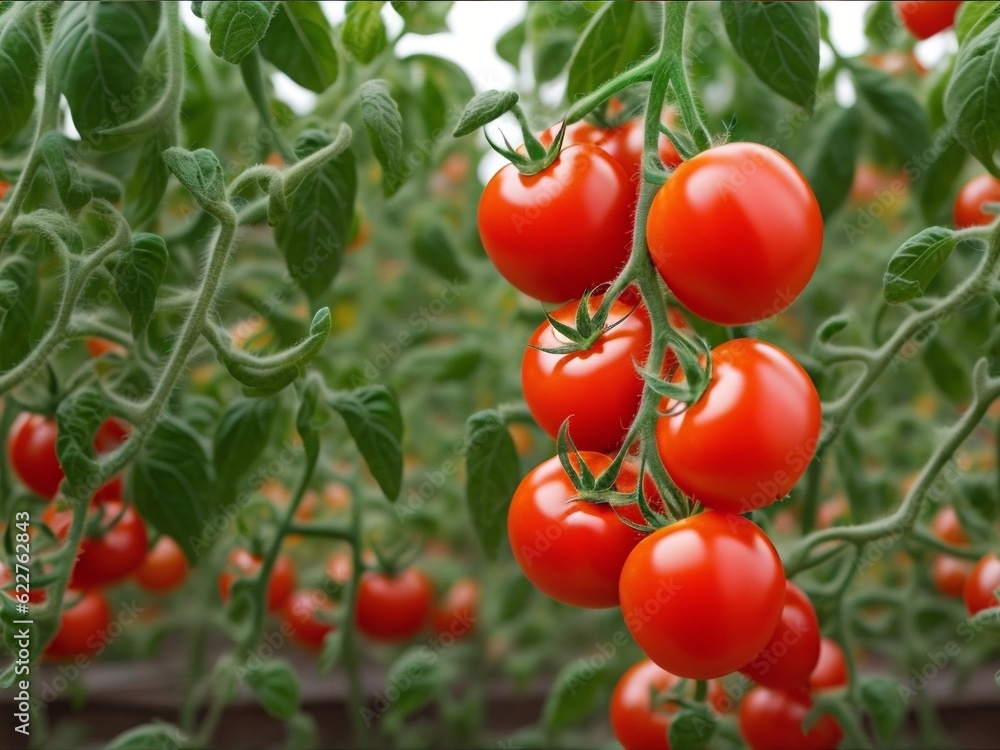 Ripe tomatoes on green branch. Home grown tomato vegetables growing on vine in greenhouse. Autumn vegetable harvest on organic farm.