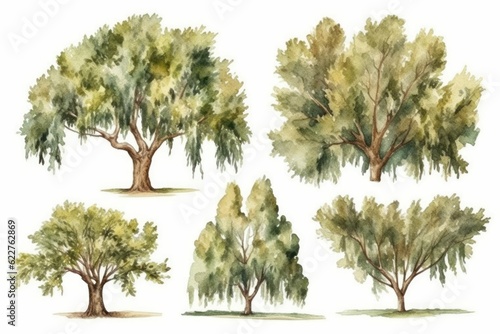 AI generated illustration of watercolored trees and bushes on a white background © Al Exo/Wirestock Creators