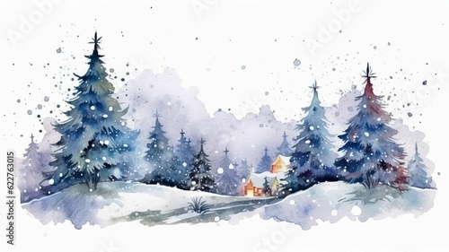 AI generated illustration of a watercolor painting of a tranquil winter landscape with trees