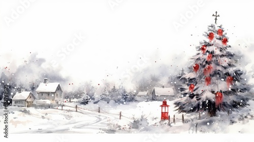 AI generated illustration of a vibrant watercolor painting of a winter landscape in a village