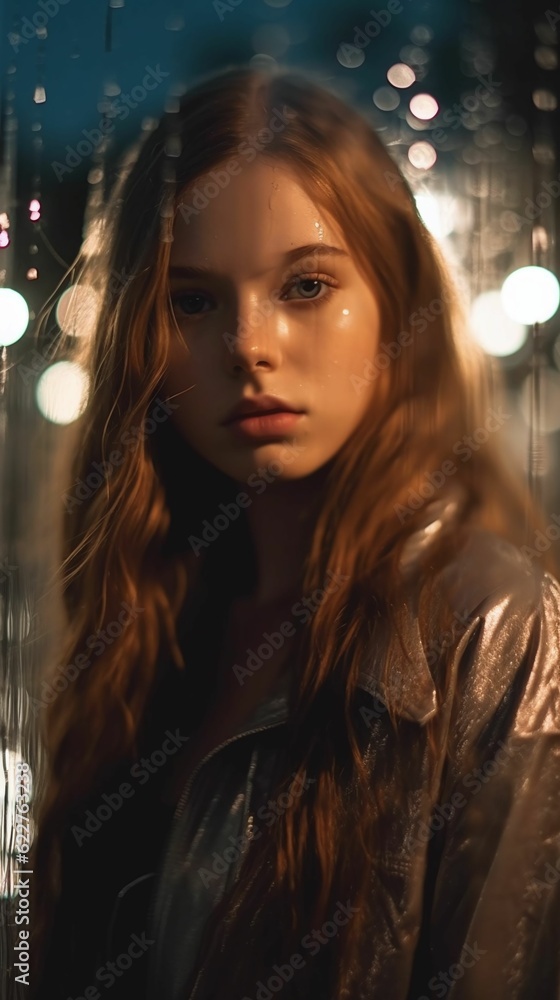 AI generated illustration of a beautiful melancholic model under the street lights at night AI generated illustration of a beautiful melancholic model under the street lights at night
