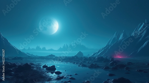 Alien world with hazy blue atmosphere and moon in the sky