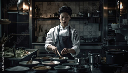 a handsome korean chef preparing food in a kitchen