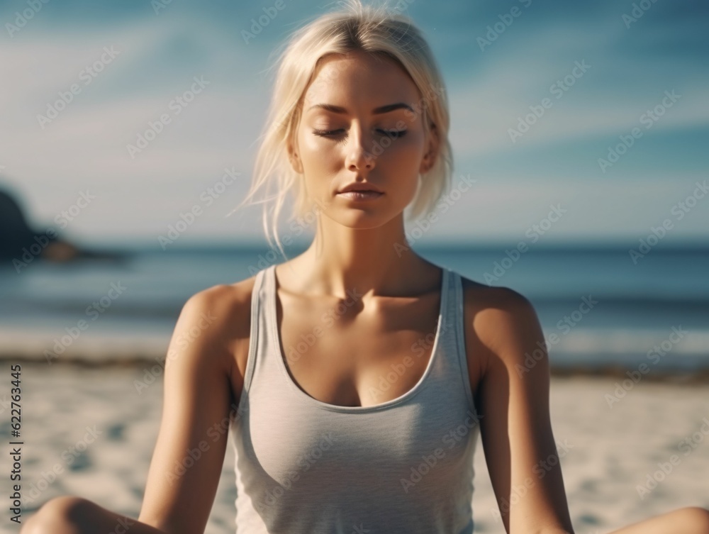 Young adult woman in a meditative pose on a beach, with her eyes closed, ai-generated Young adult woman in a meditative pose on a beach, with her eyes closed, ai-generated